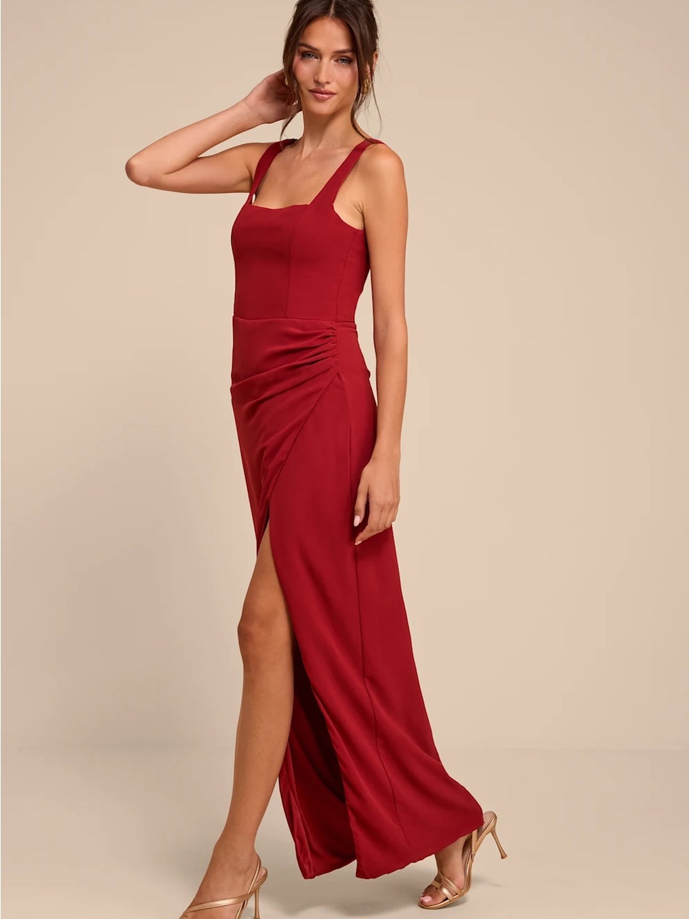 Glamorous Disposition Rust Ruched Maxi Dress - Picture 2 of 2